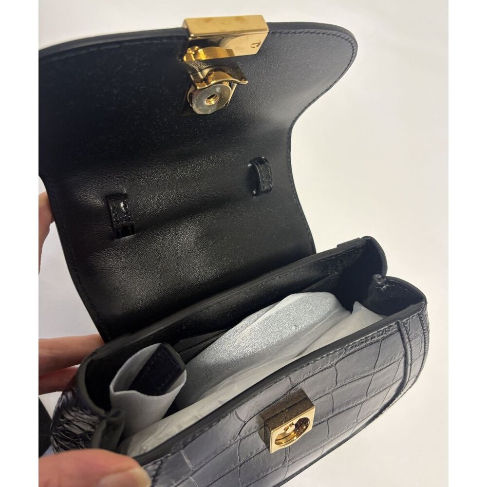Versace Greca Goddess Croc-Embossed Top Handle Mini Bag in Black Calfskin - Picture 8 of 13